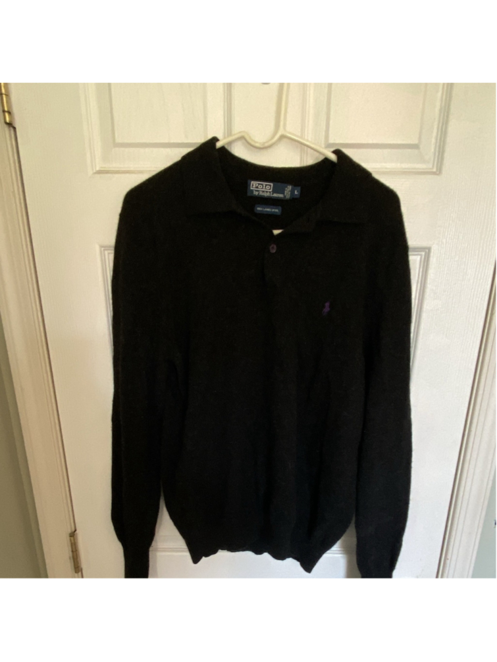 Polo Ralph Lauren Men's Black Lamb Wool Knit Collared Pullover Polo Pony Logo L - Picture 2 of 5